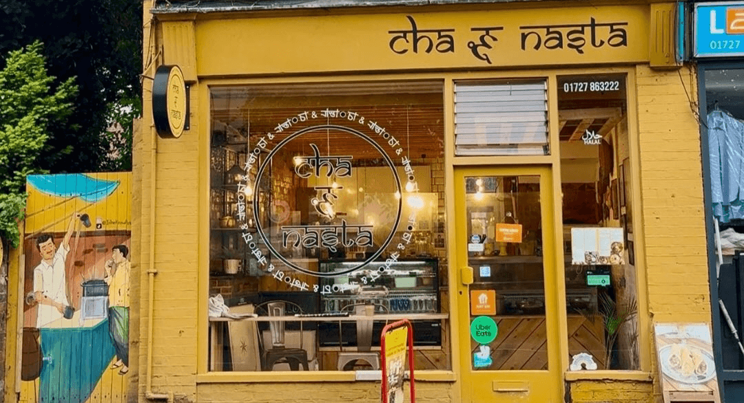 The yellow Cha & Nasta shopfront on Hatfield Rd, St Albans